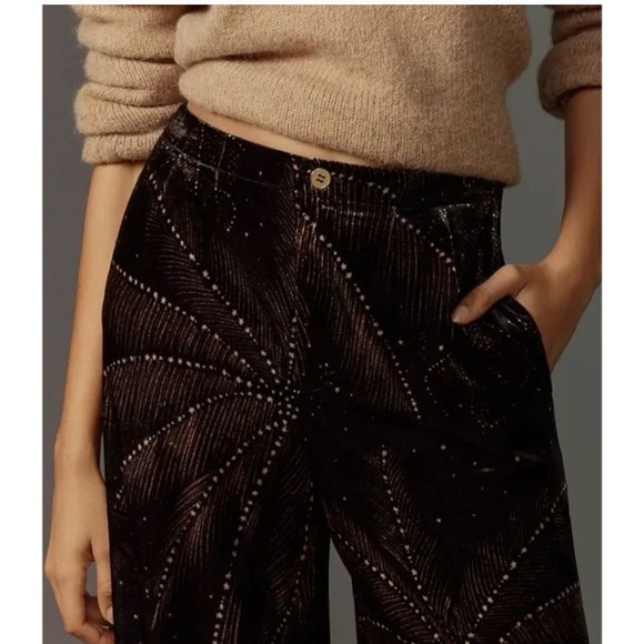 Farm Rio Anthropologie Velvet Wide Leg Pants Sz XS Black Gold Sparkle Designer - Picture 3 of 16